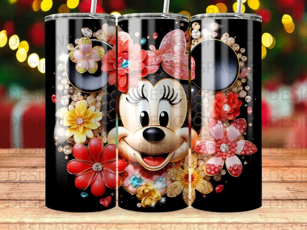 Minnie Mouse with floral embellishments and sparkle accents on a black background.