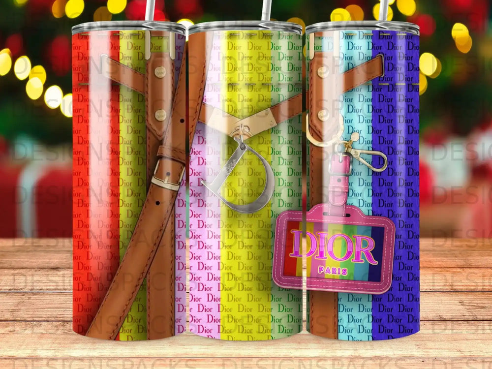 Patterned tumbler with repeating "Dior" text and "Paris" tag.