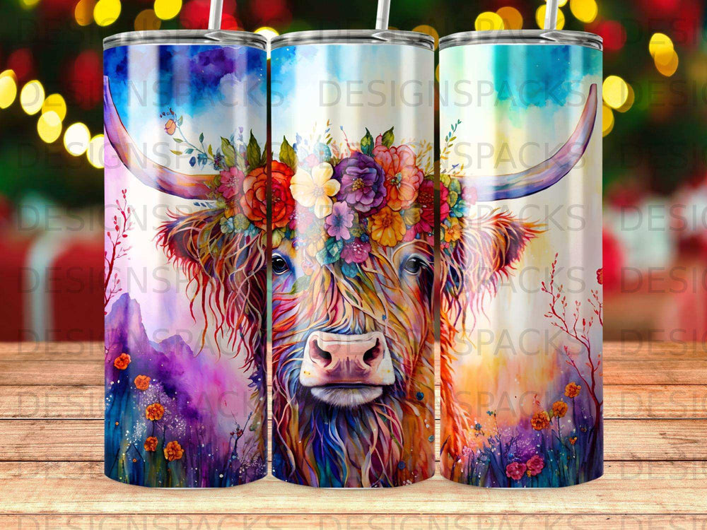 Highland cow with floral wreath and watercolor background.