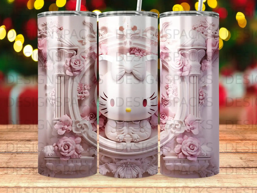 Hello Kitty 3D relief design on a pink tumbler with floral and column details.