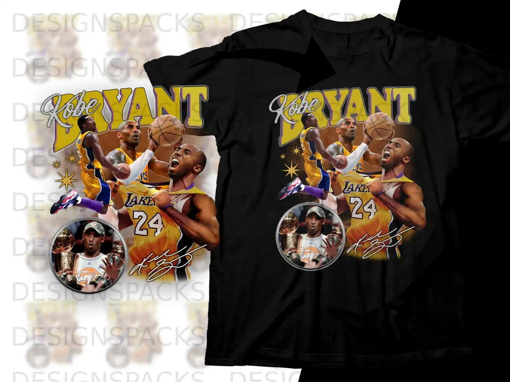Kobe Bryant wearing Lakers jersey, holding trophies, with signature.