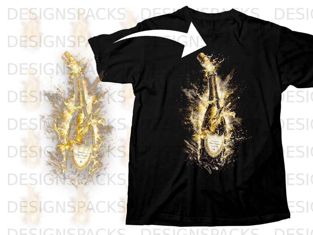 Black t-shirt with a gold champagne bottle exploding with glitter.