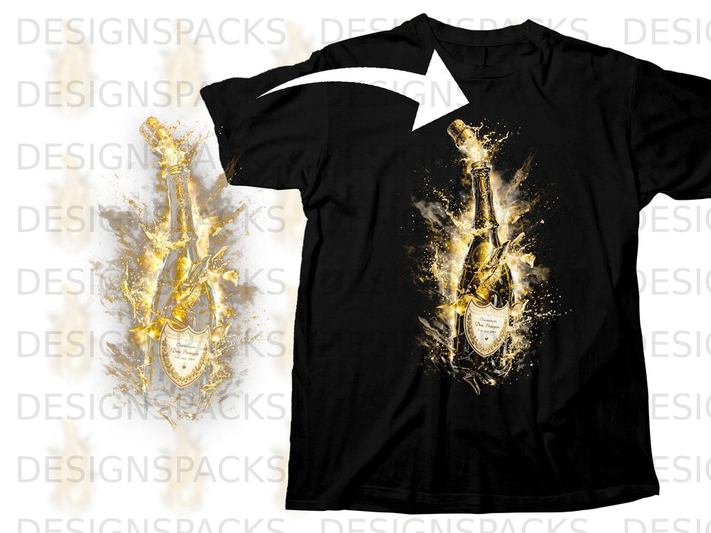 Black t-shirt with a gold champagne bottle exploding with glitter.