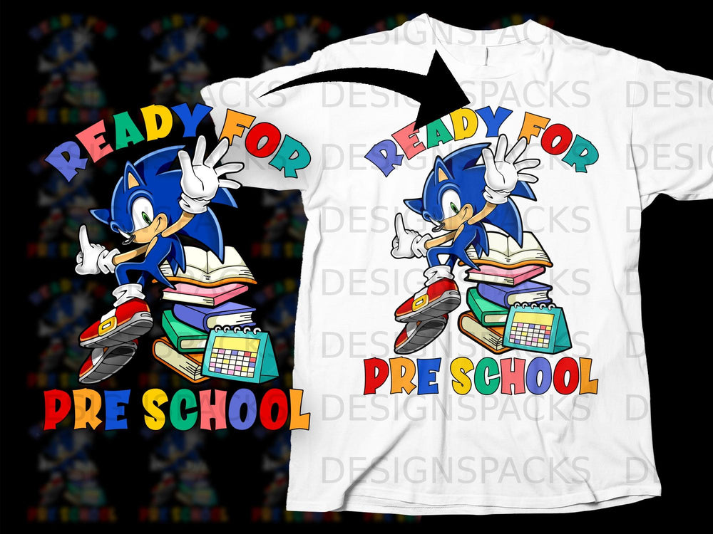 Sonic the Hedgehog sits on books, announcing "Ready for Preschool."