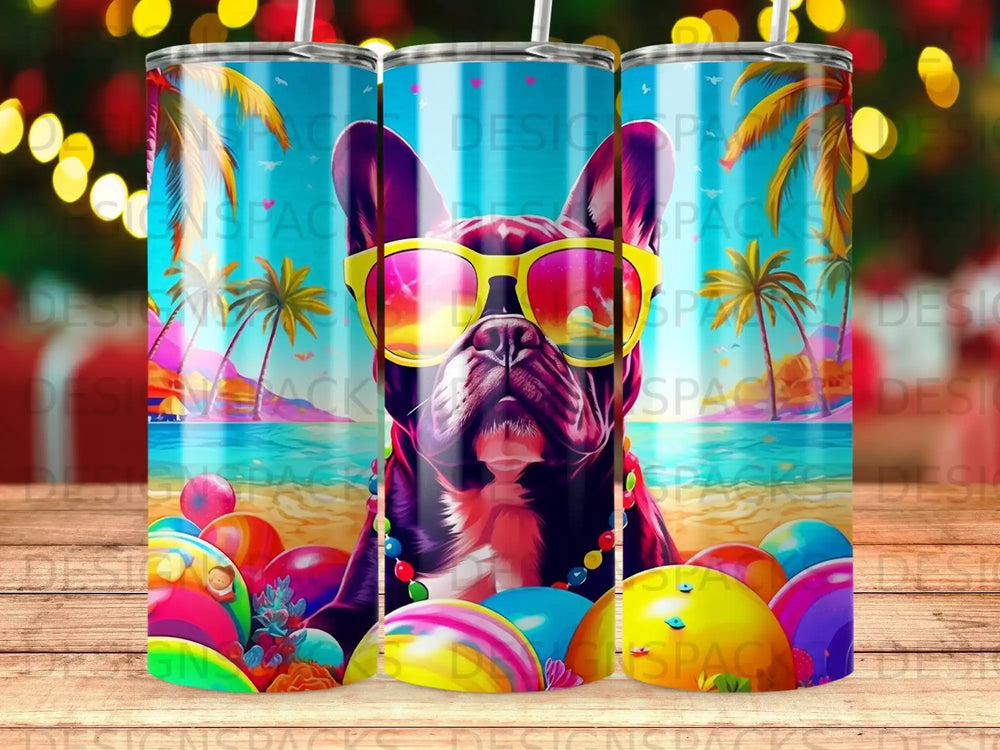 French bulldog wearing sunglasses on a beach with colorful balloons.