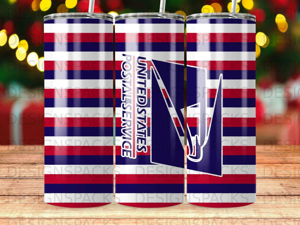 United States Postal Service logo on a patterned tumbler.