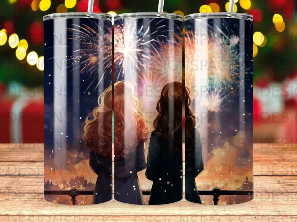 Two women watch fireworks over a city skyline from a balcony.
