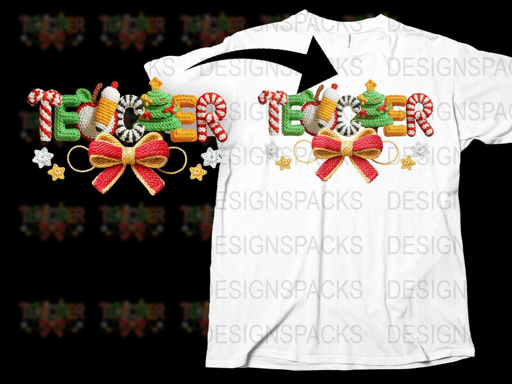 Festive Christmas T-Shirt with Candy Cane and Bow Graphics, Holiday Apparel, Unisex White Tee with Colorful Design, Xmas Gift Idea