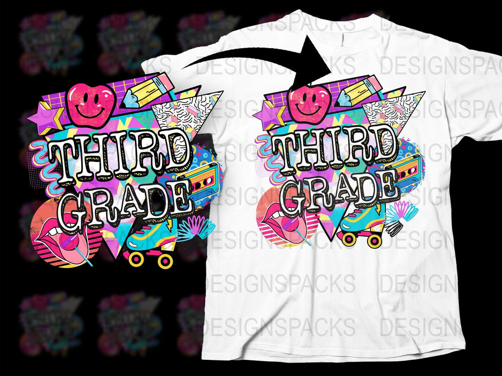 Third Grade Teacher T-Shirt, Retro Smiley Face and Pencils Design, Colorful Unisex School Tee