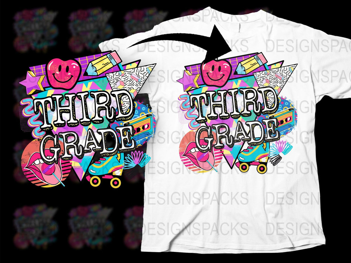 Third Grade Teacher T-Shirt, Retro Smiley Face and Pencils Design, Colorful Unisex School Tee