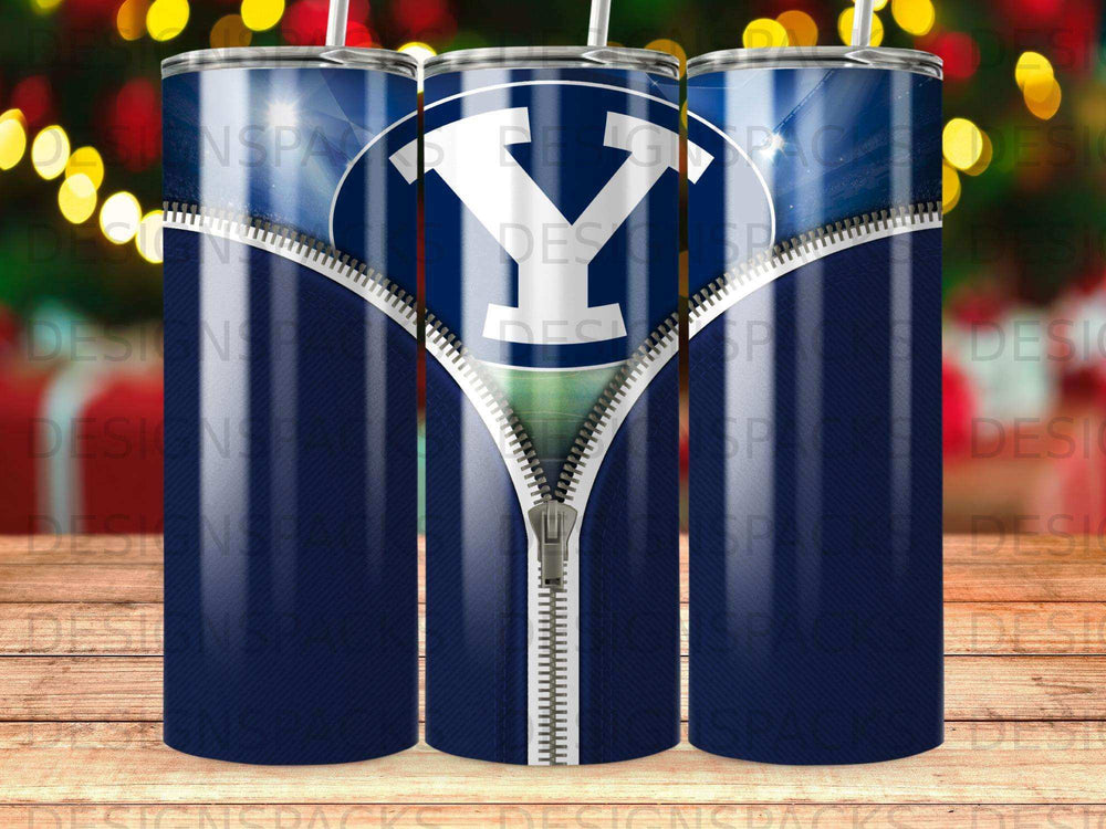 Navy blue tumbler with BYU logo and zipper design.