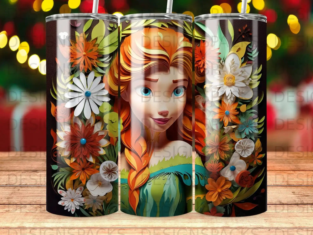 Anna from Frozen surrounded by colorful floral designs.