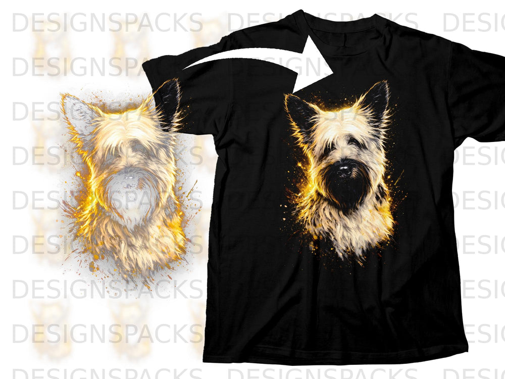 Black t-shirt featuring a vibrant, painterly portrait of a Cairn Terrier with golden accents.