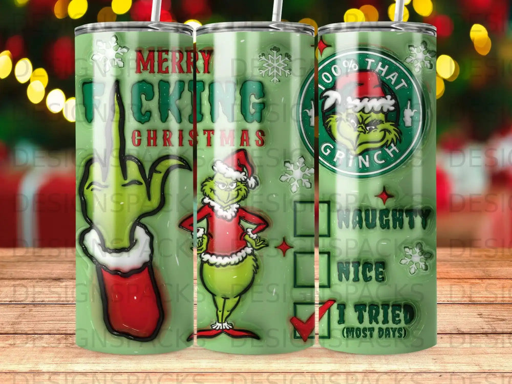 The Grinch characters on Christmas-themed tumblers.