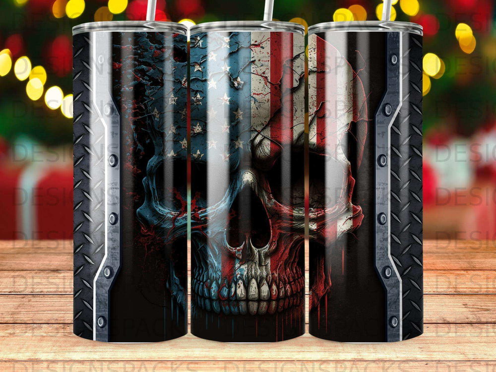 American flag skull with metallic diamond plate border.