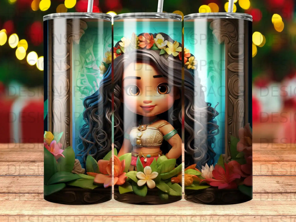 Cartoon girl with flower crown and leis, front view.