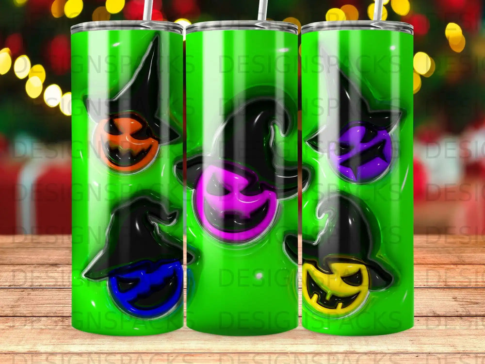 Three colorful Halloween tumblers with witch hats and jack-o'-lantern faces.
