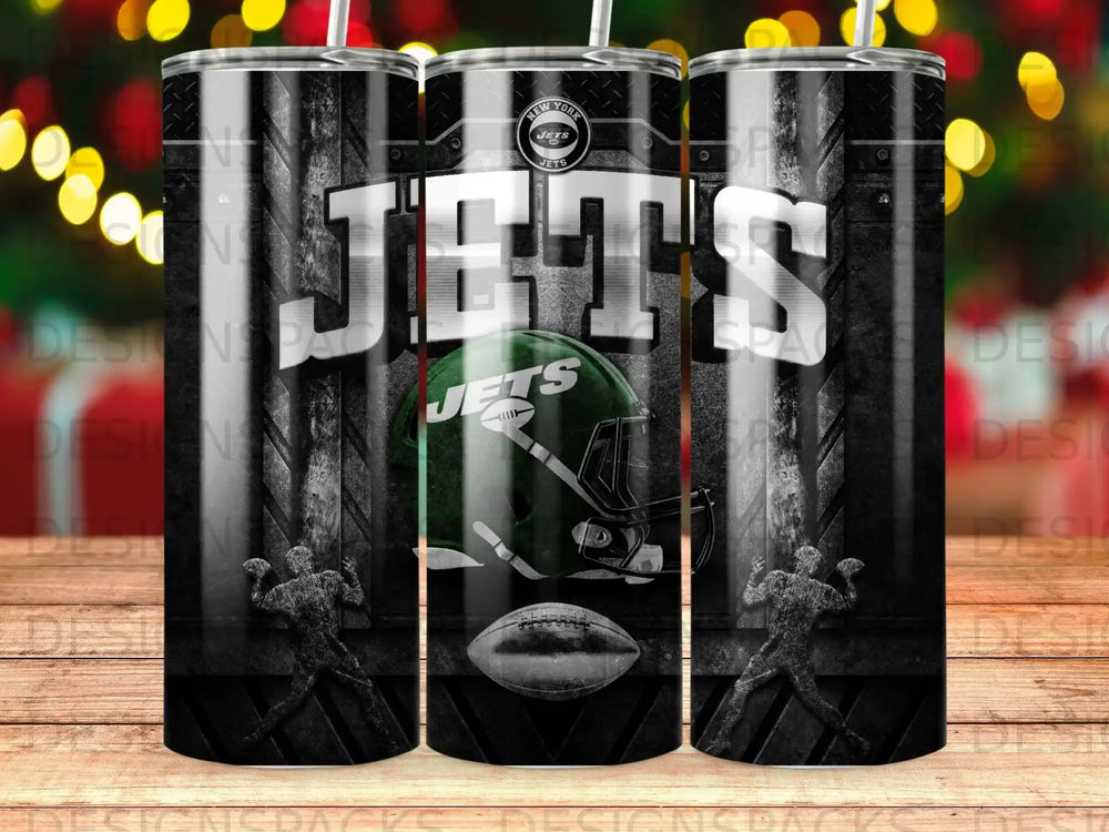 New York Jets helmet and football logo on a black ribbed tumbler.