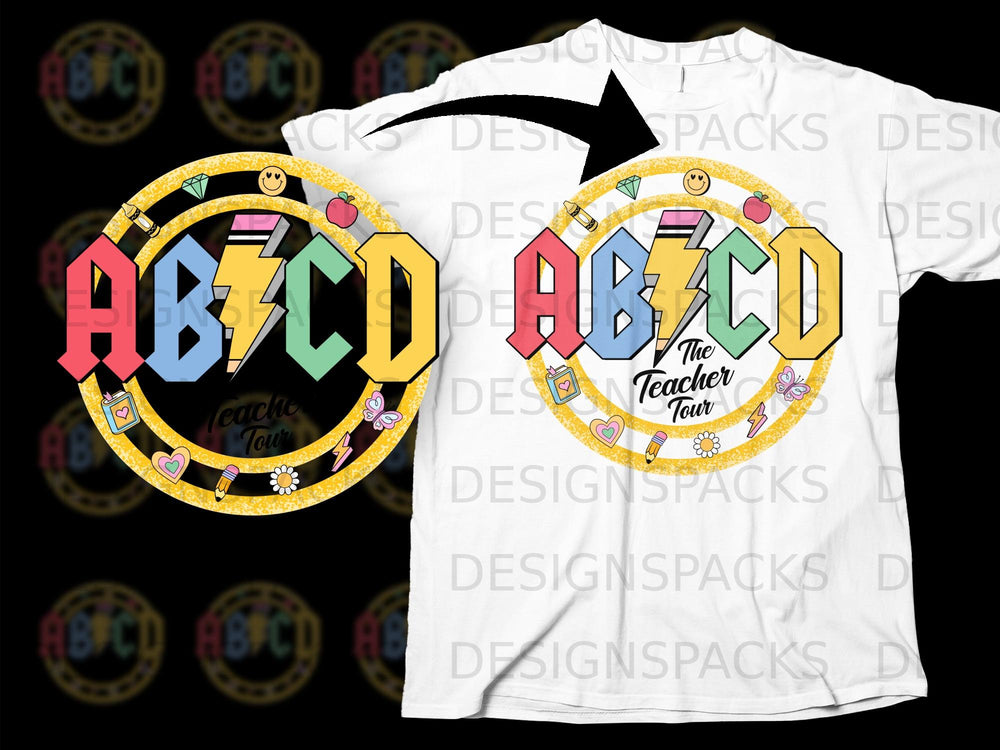 Graphic design for a t-shirt featuring "ABCD" and "The Teacher Tour" text.