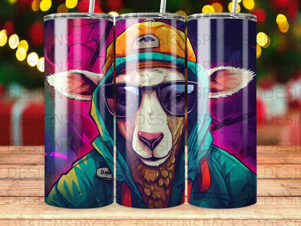 Cartoon sheep wearing sunglasses and a baseball cap, on a tumbler.