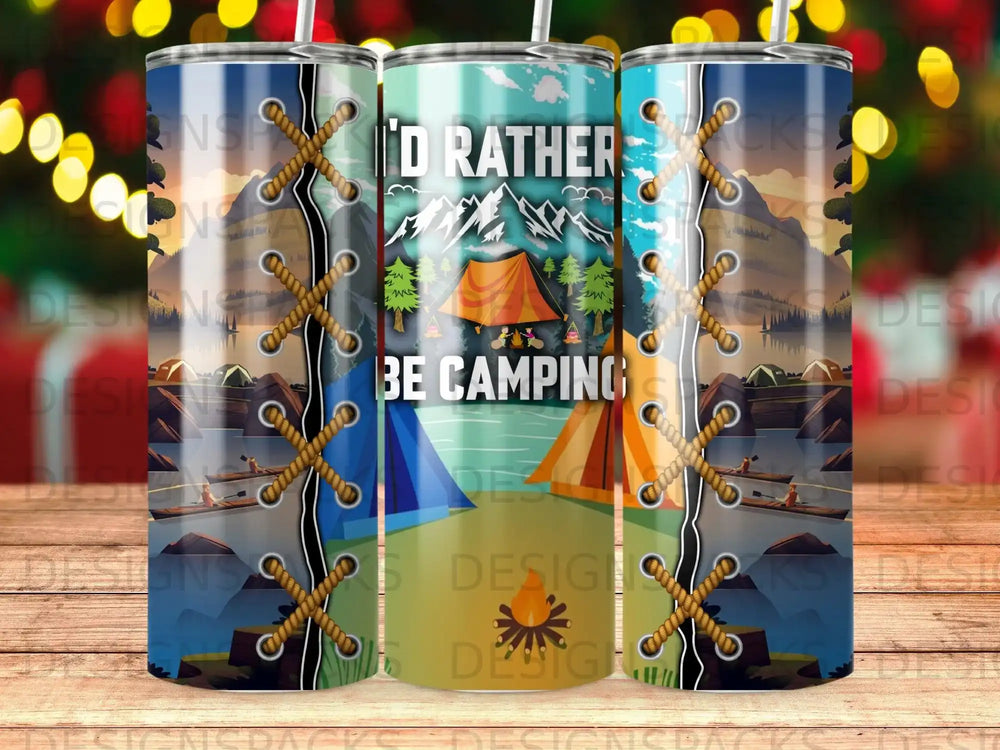 Tumbler with "I'd rather be camping" text and mountain graphic.