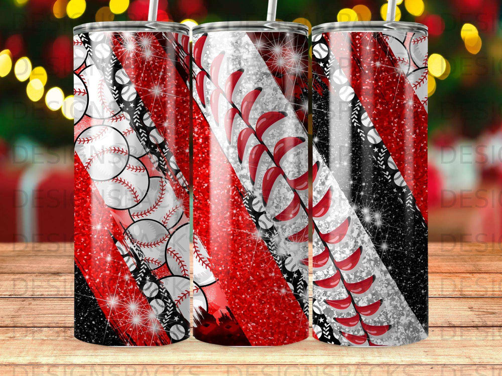 Red, black, and white baseball-themed tumbler with glitter accents.