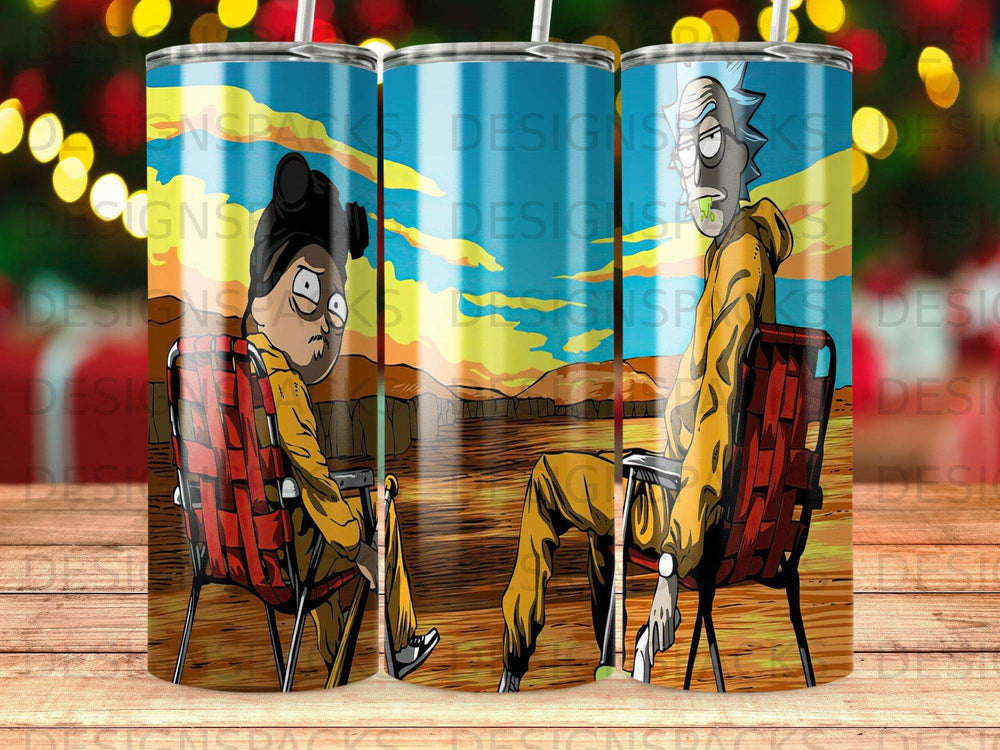 Rick and Morty sitting in chairs with a desert landscape background.