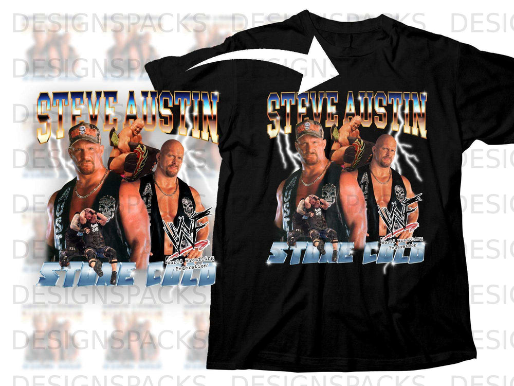 Steve Austin "Stone Cold" WWF t-shirt with a graphic of the wrestler and lightning.