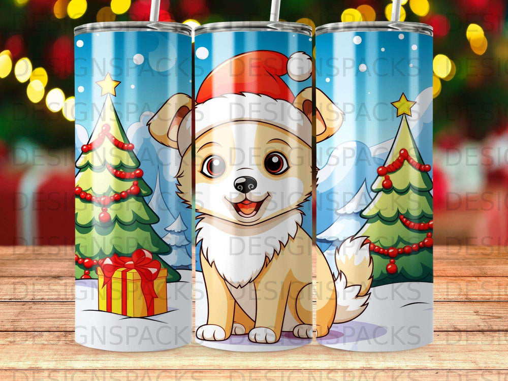Cartoon corgi wearing Santa hat and scarf with festive trees and gifts.
