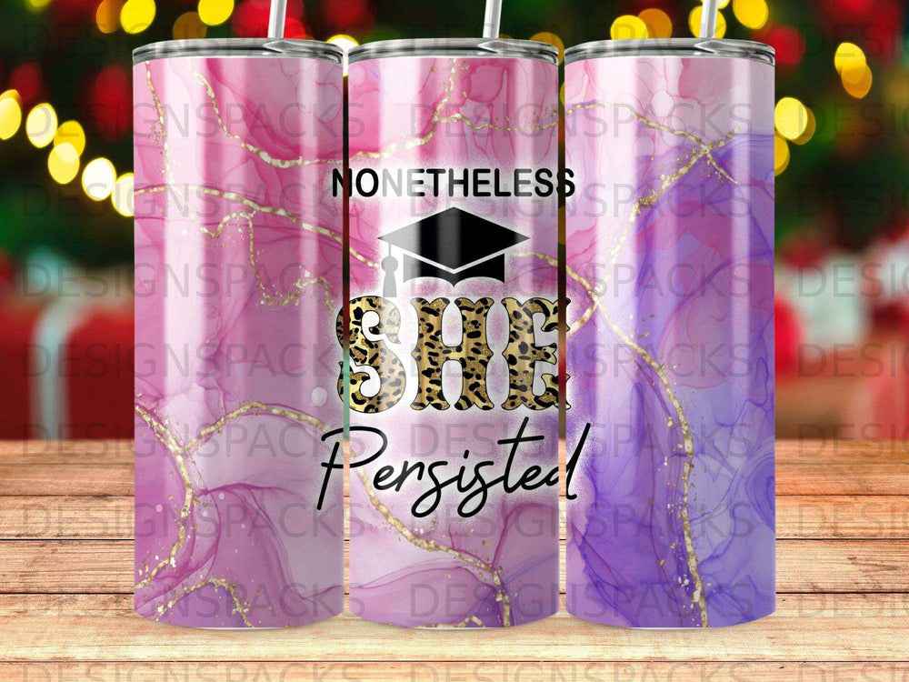 Tumbler with "SHE Persisted Nonetheless" text and a leopard print graduation cap.