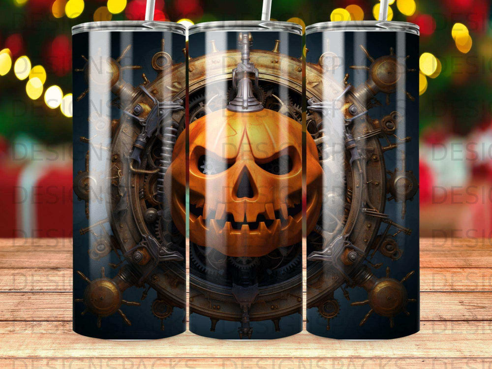 Jack-o'-lantern with gears and spooky steam-punk background.