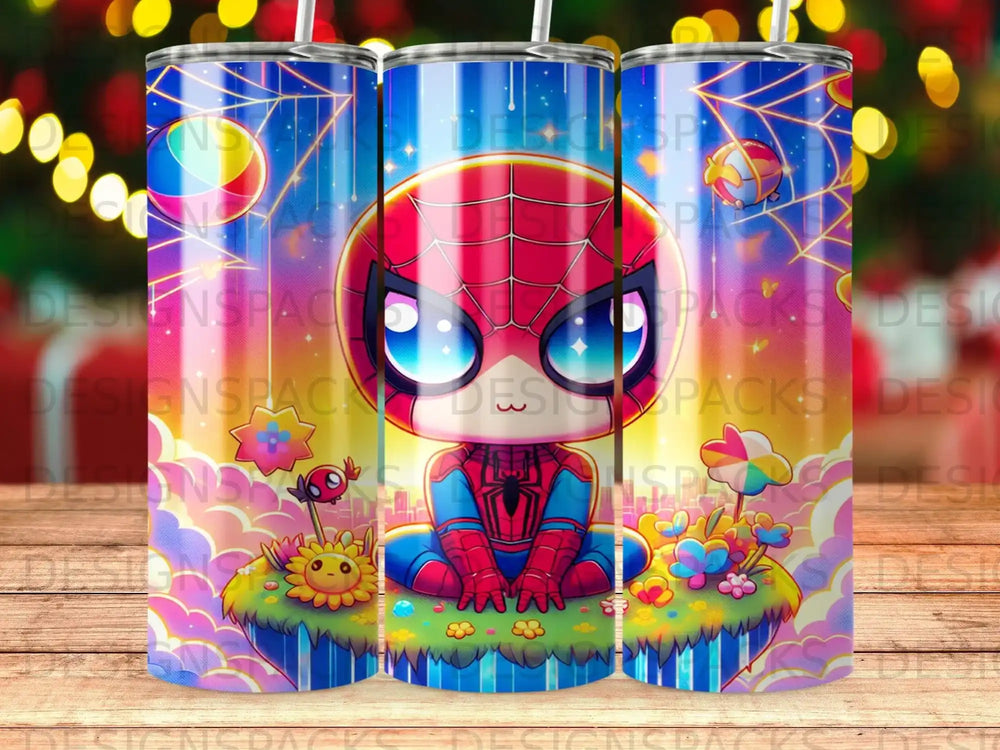 Chibi Spider-Man sitting on a flower with colorful cityscape background.