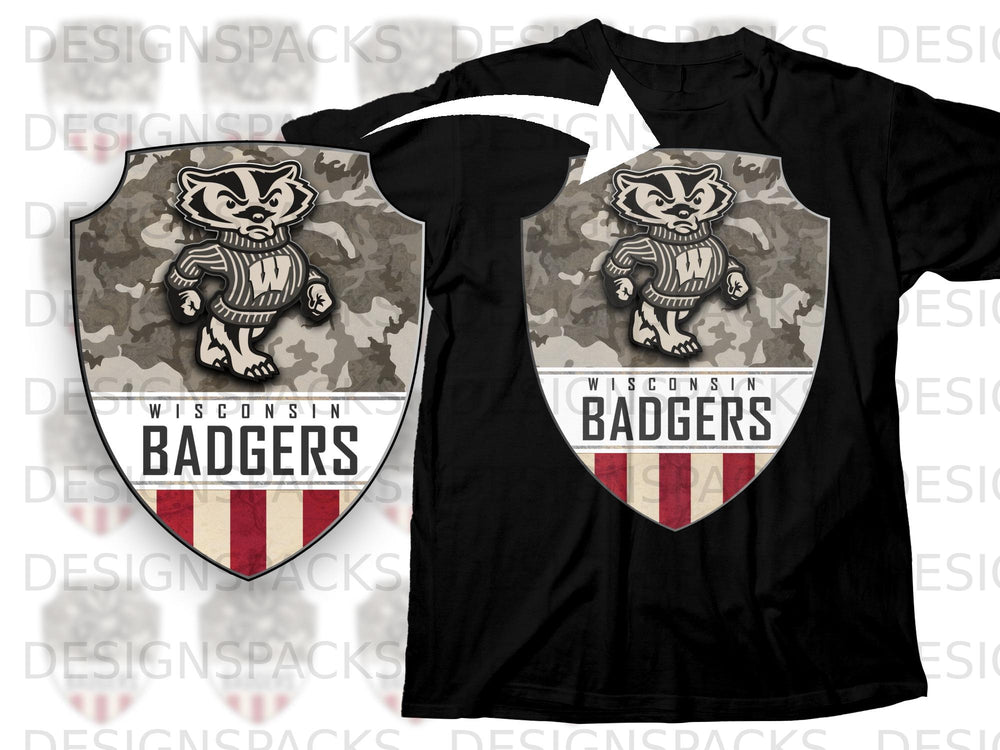 Black t-shirt featuring a Wisconsin Badgers logo with a badger mascot and camouflage background.