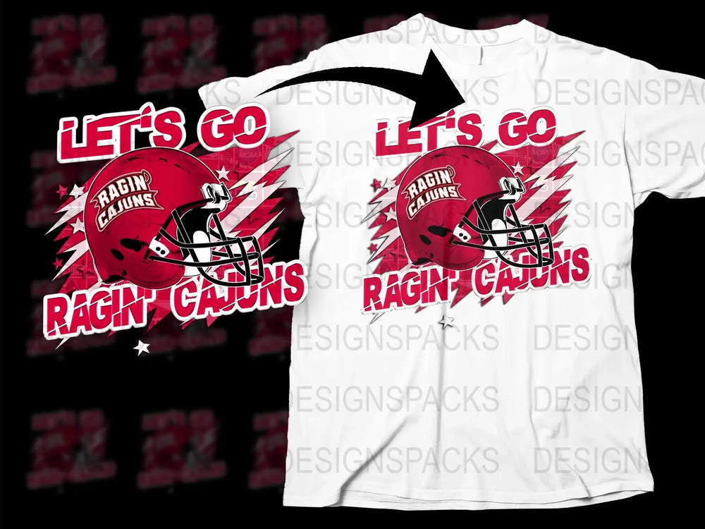 Ragin' Cajuns Let's Go Football Helmet Graphic T-Shirt, College Team Red and White Apparel