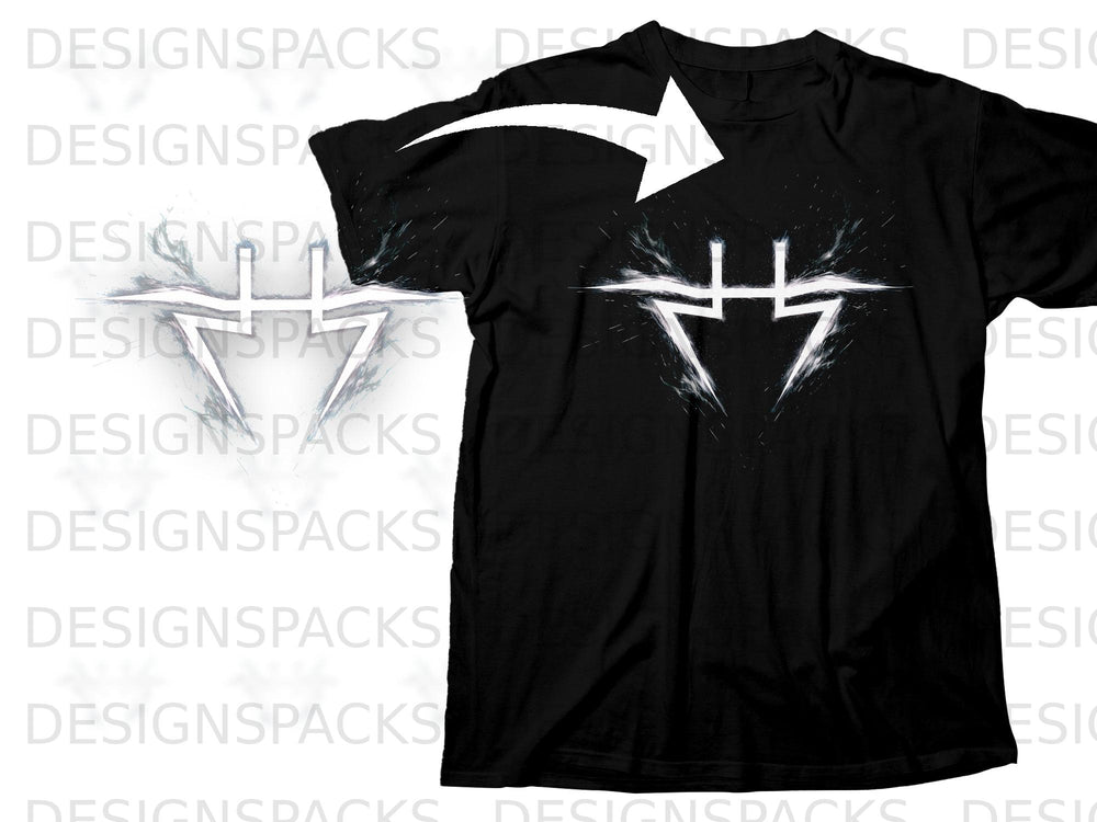 Black t-shirt with a white abstract geometric design and splatter effect.