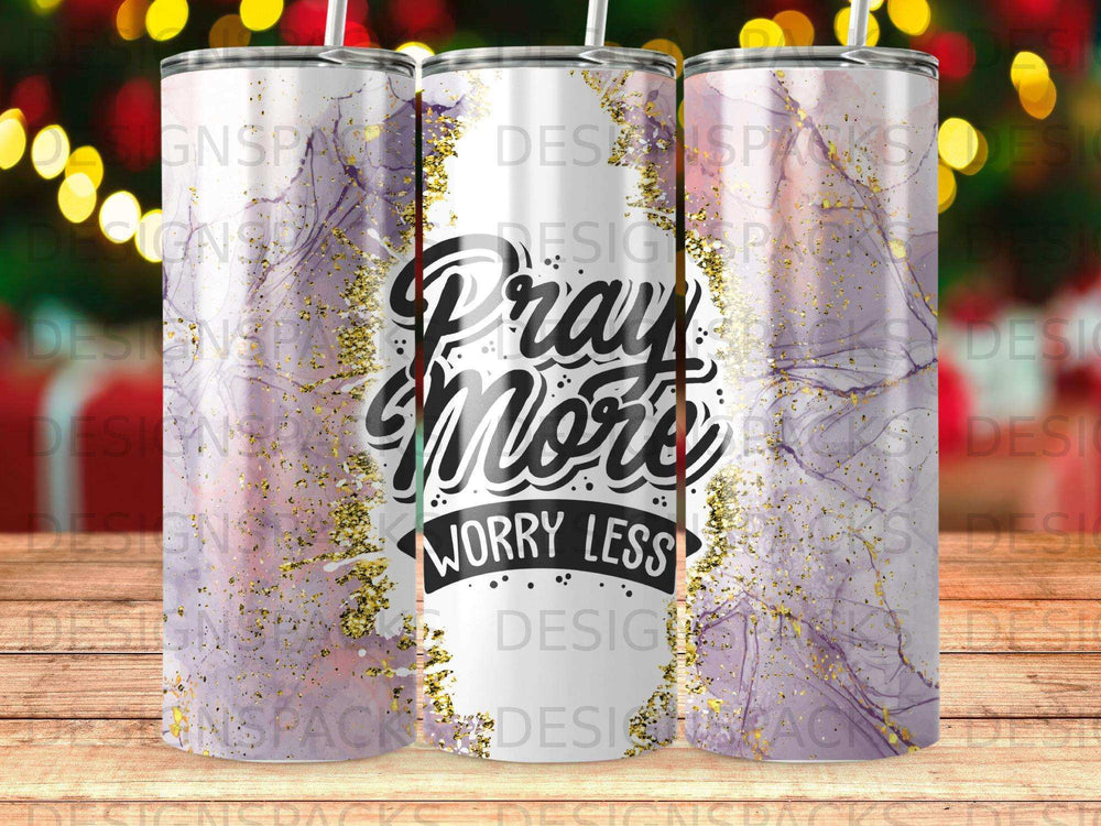 Tumbler with "Pray More Worry Less" text and marbled purple and gold design.