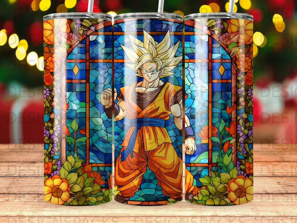 Dragon Ball Z's Goku in orange gi in front of a stained-glass window.