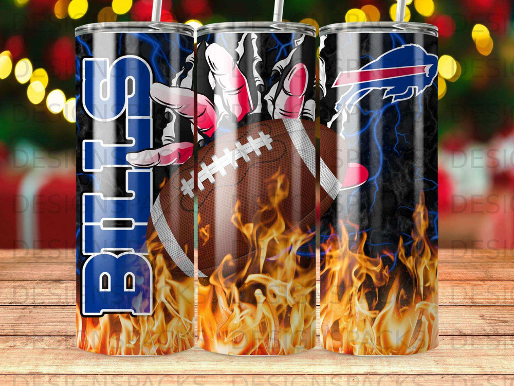 Buffalo Bills football on flames with lightning and team logo.