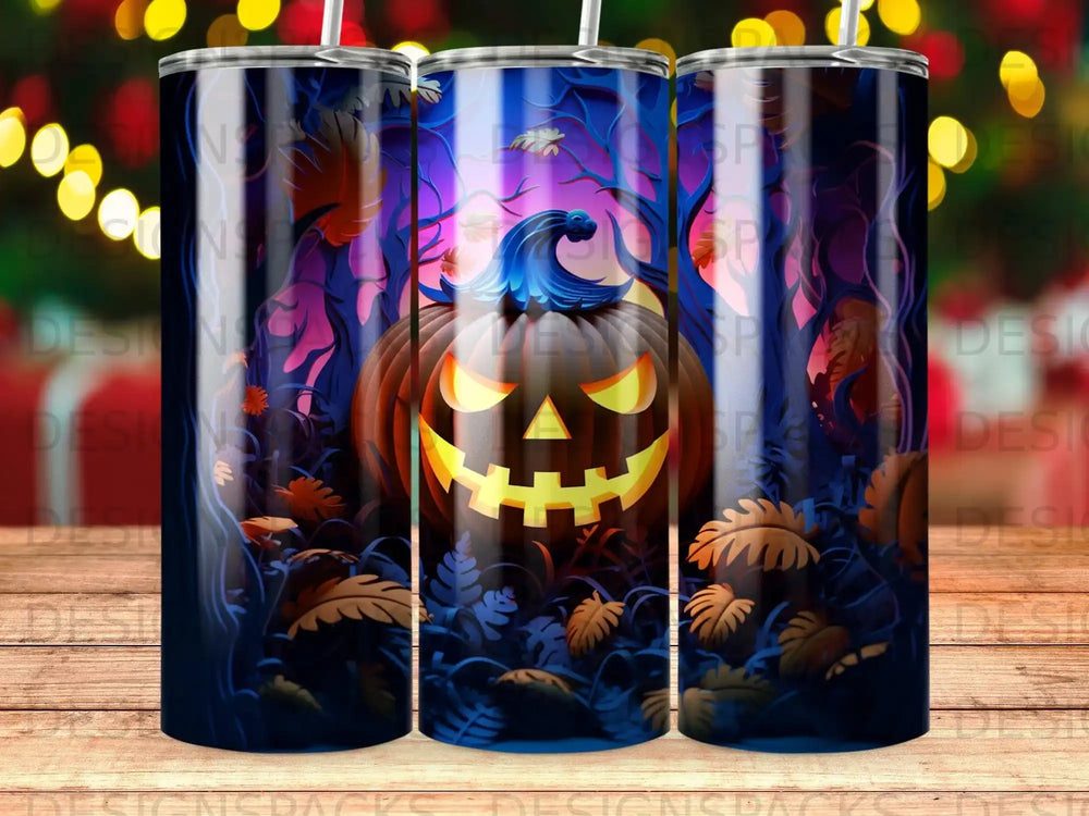 Jack-o'-lantern with glowing eyes and mouth in a dark forest setting.