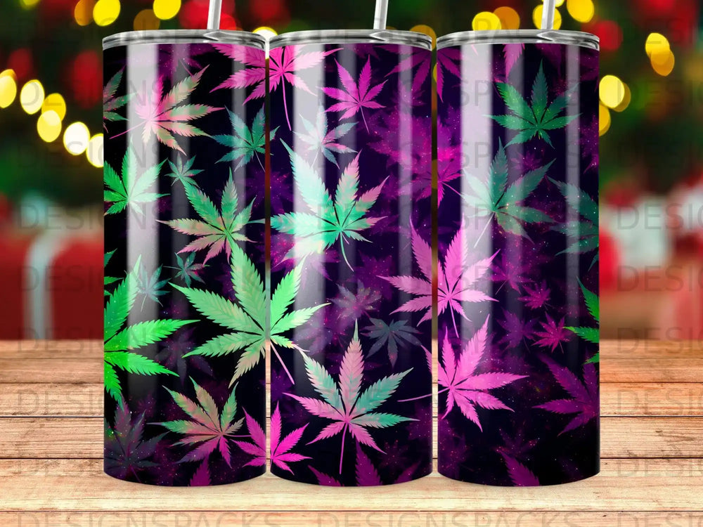 Tumbler with a galaxy-inspired cannabis leaf pattern.