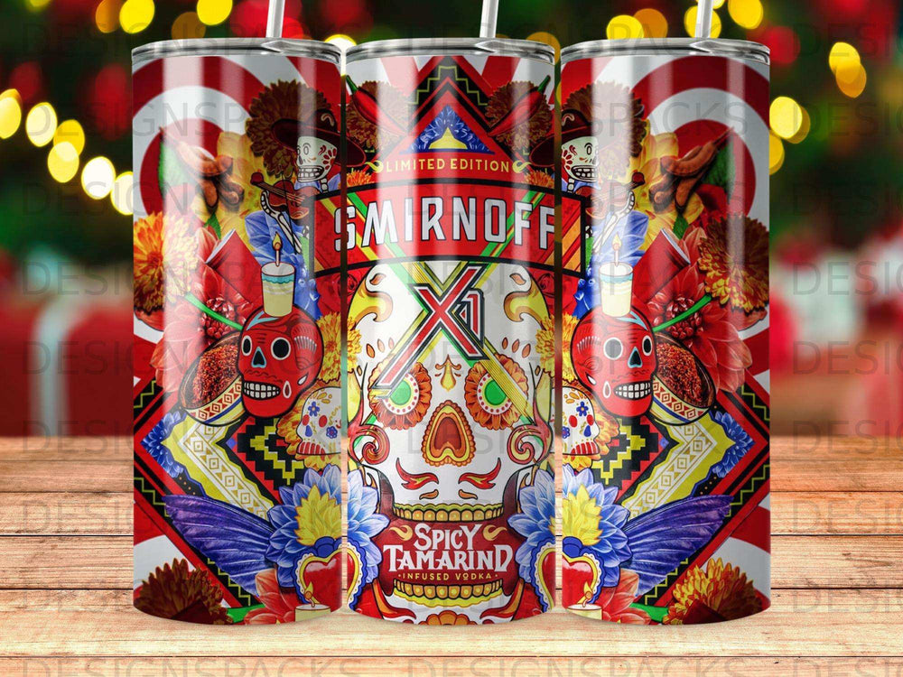 Smirnoff Spicy Tamarind Infused Vodka limited edition tumbler with skull and floral design.