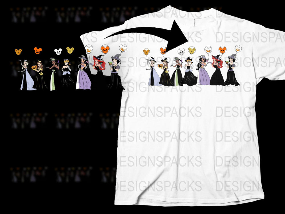 Halloween Themed T-Shirt, Cartoon Witches and Ghosts Graphic Tee, Spooky Season Apparel for All Ages
