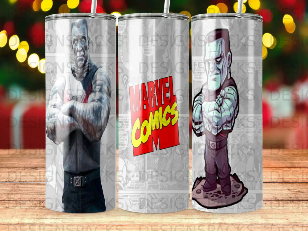 Marvel Comics Colossus on a tumbler with comic panels.