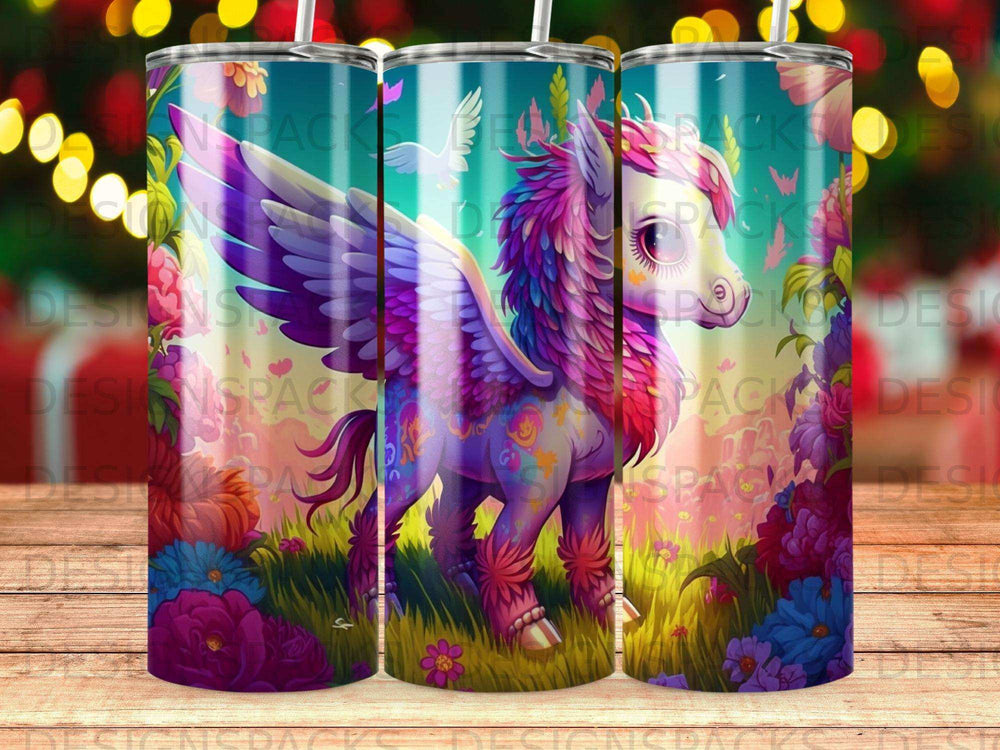 Pegasus with rainbow mane and colorful floral wings on grassy background.
