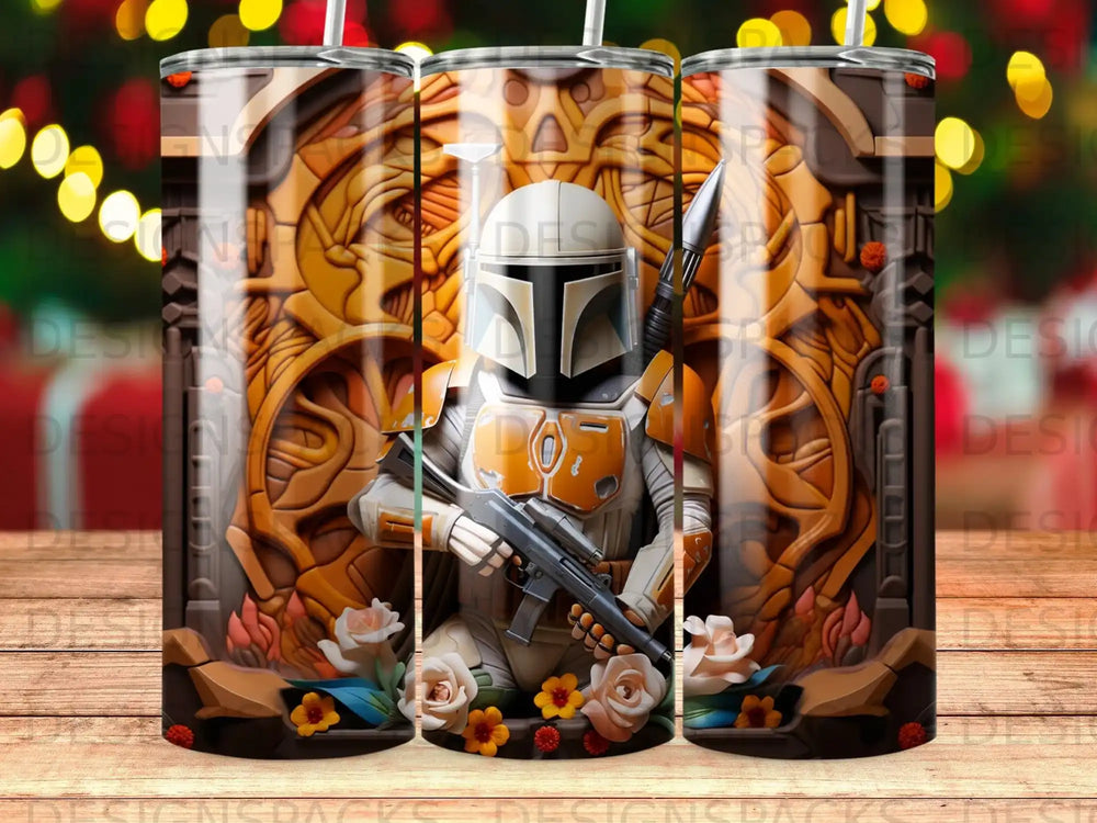 Mandalorian character in armor holding a blaster, surrounded by ornate carvings and flowers.