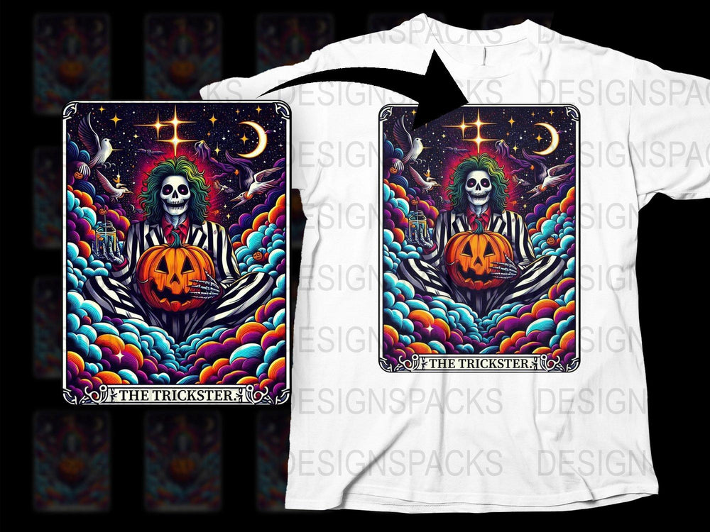 Gothic Tarot Card T-Shirt, Spooky Skeleton Print, Full Moon Graphic Tee, Halloween Apparel