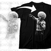 Black t-shirt with a drawing of a muscular fighter in a fur hat.