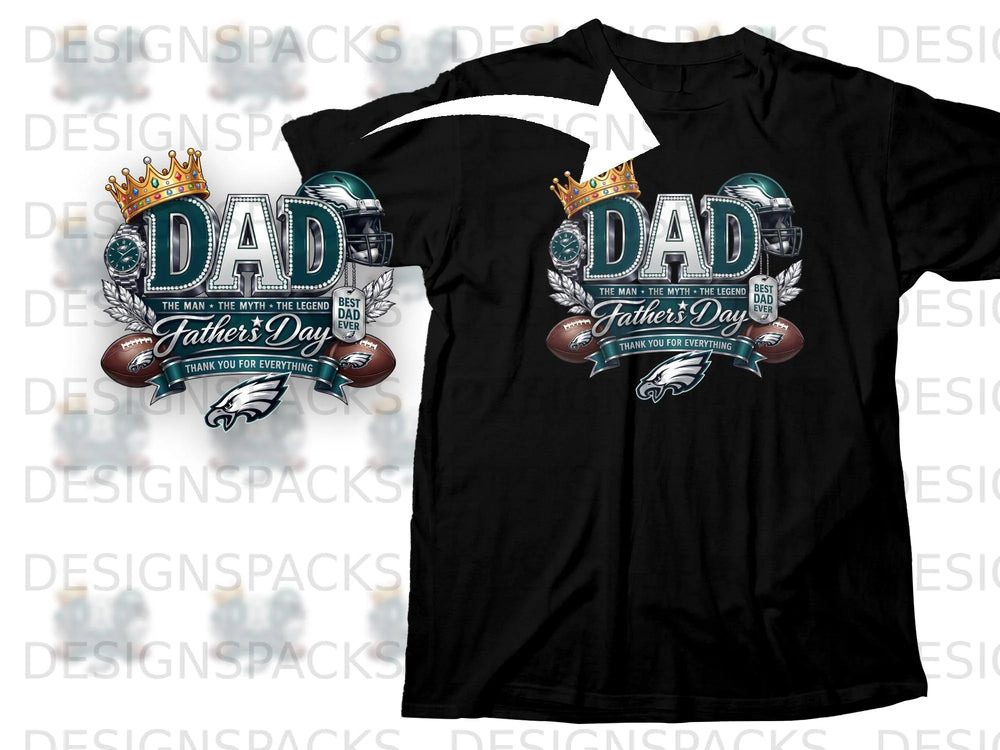 Black T-shirt with a Father's Day design featuring "DAD," Eagles helmet, and football.