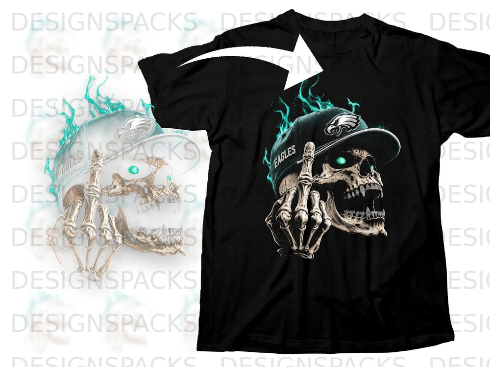 Skull wearing Eagles hat with green flames and giving middle finger.