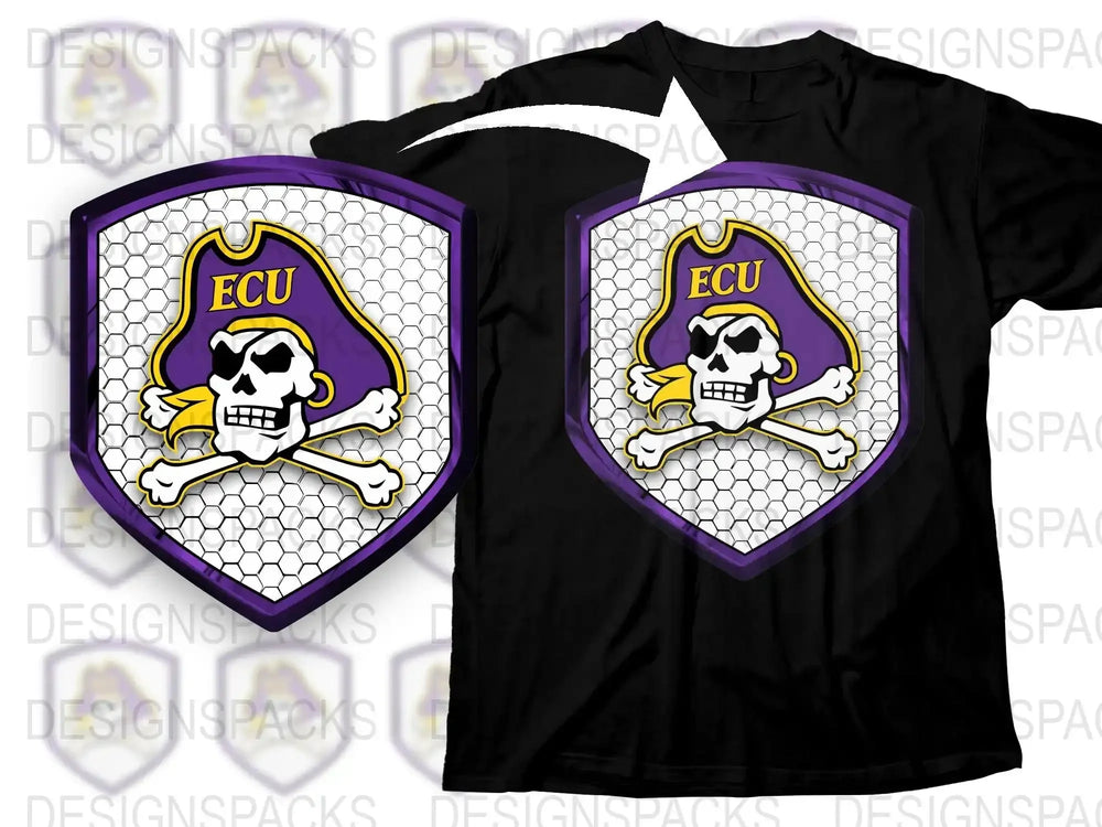 ECU Skull Graphic T-Shirt, Purple and Gold Sports Fan Tee, College Mascot Shield Design, Unisex Adult Clothing